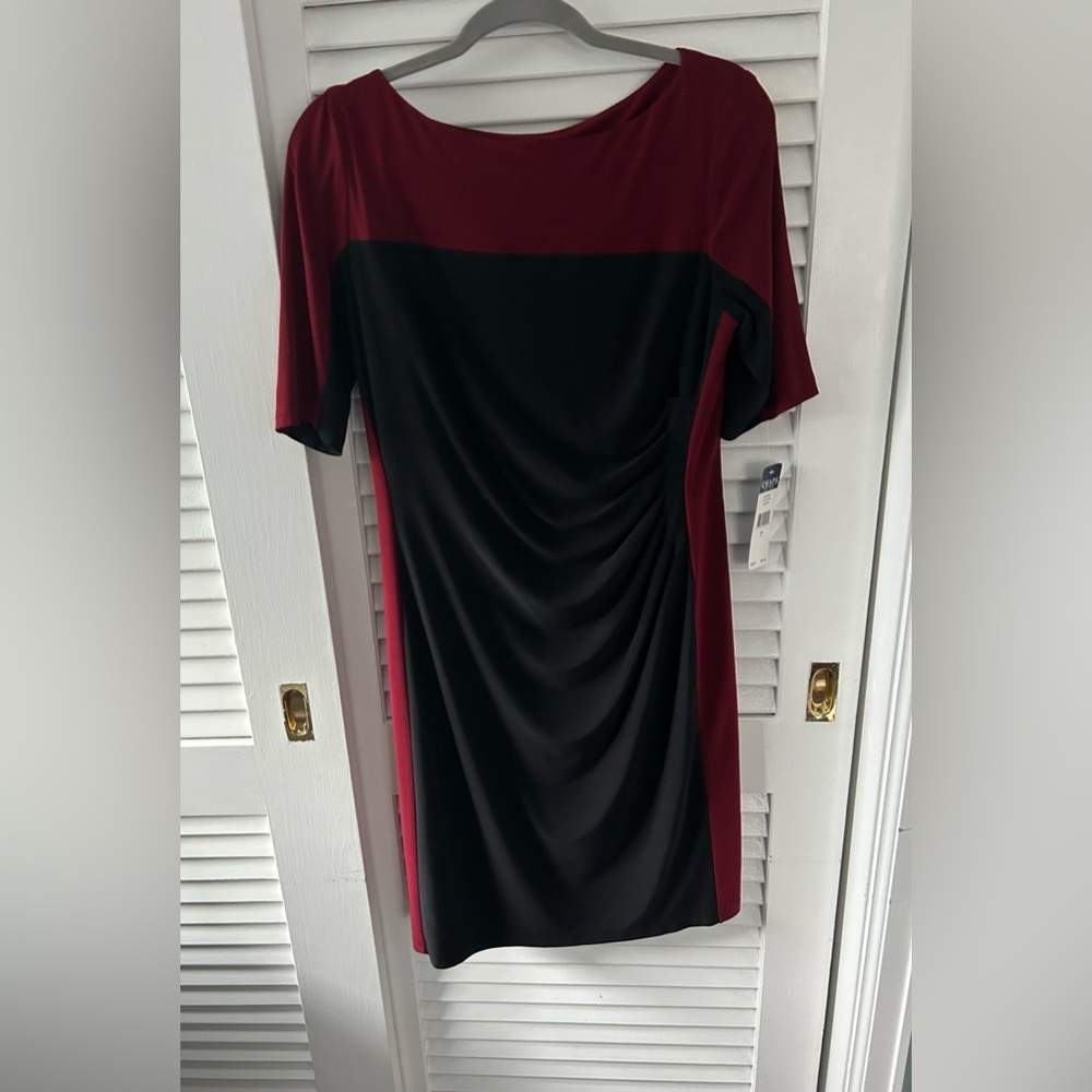 NWT Chaps BLACK RUCHED DRESS WITH DARK RED. Size L